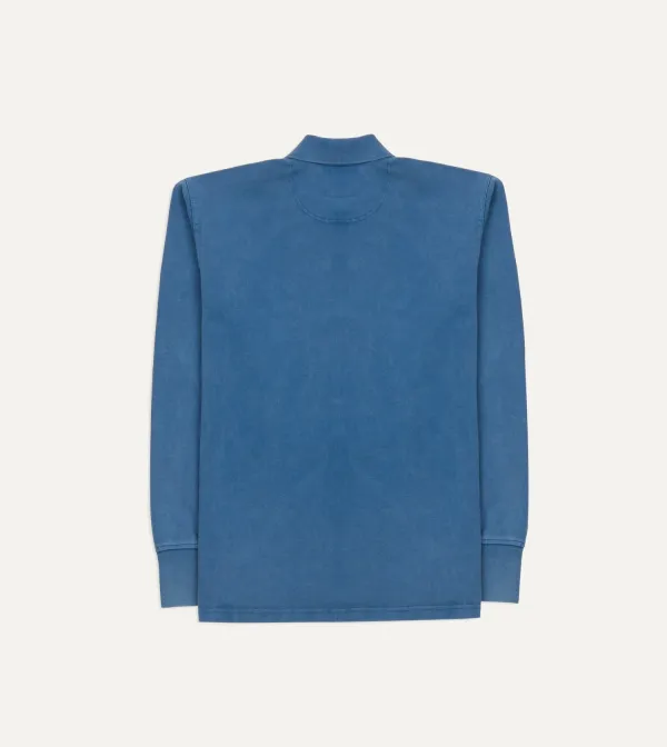 Indigo Cotton Jersey Long Sleeve Polo Shirt Plain