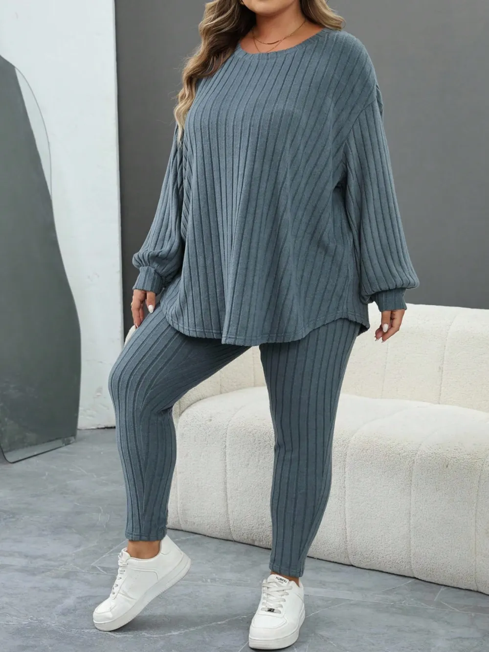 Plus Size Women's Autumn-Winter Ribbed 2pc Drop Shoulder Set