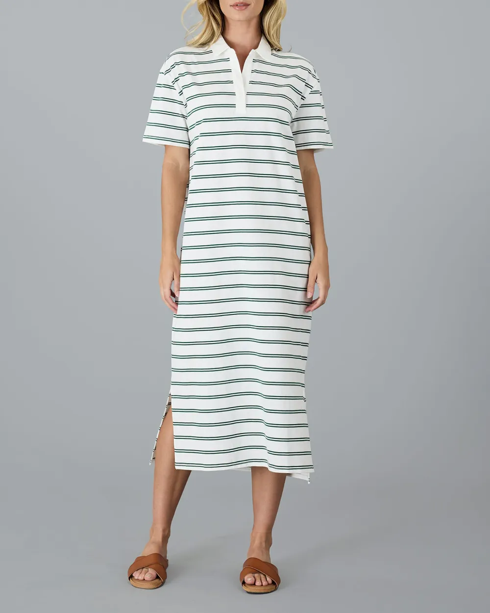 Green Polo Stripe Puff Sleeves Dress