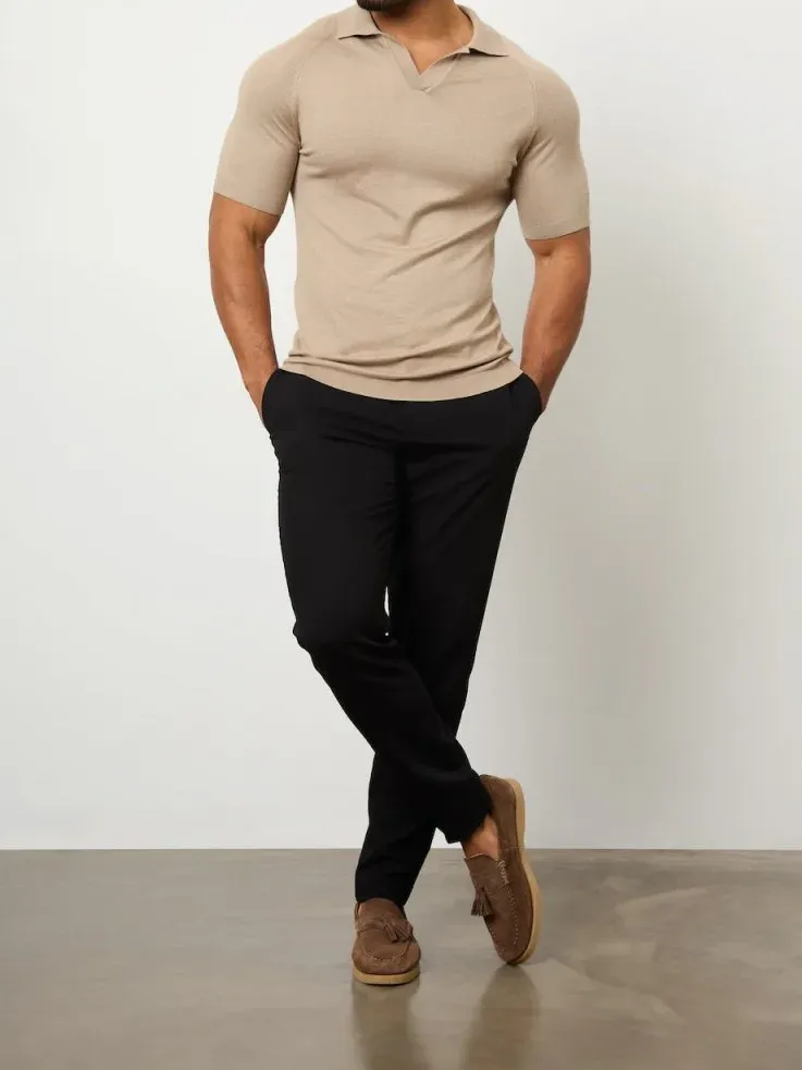 Textured Open Collar Knitted Soft Simple Stone Polo Shirt