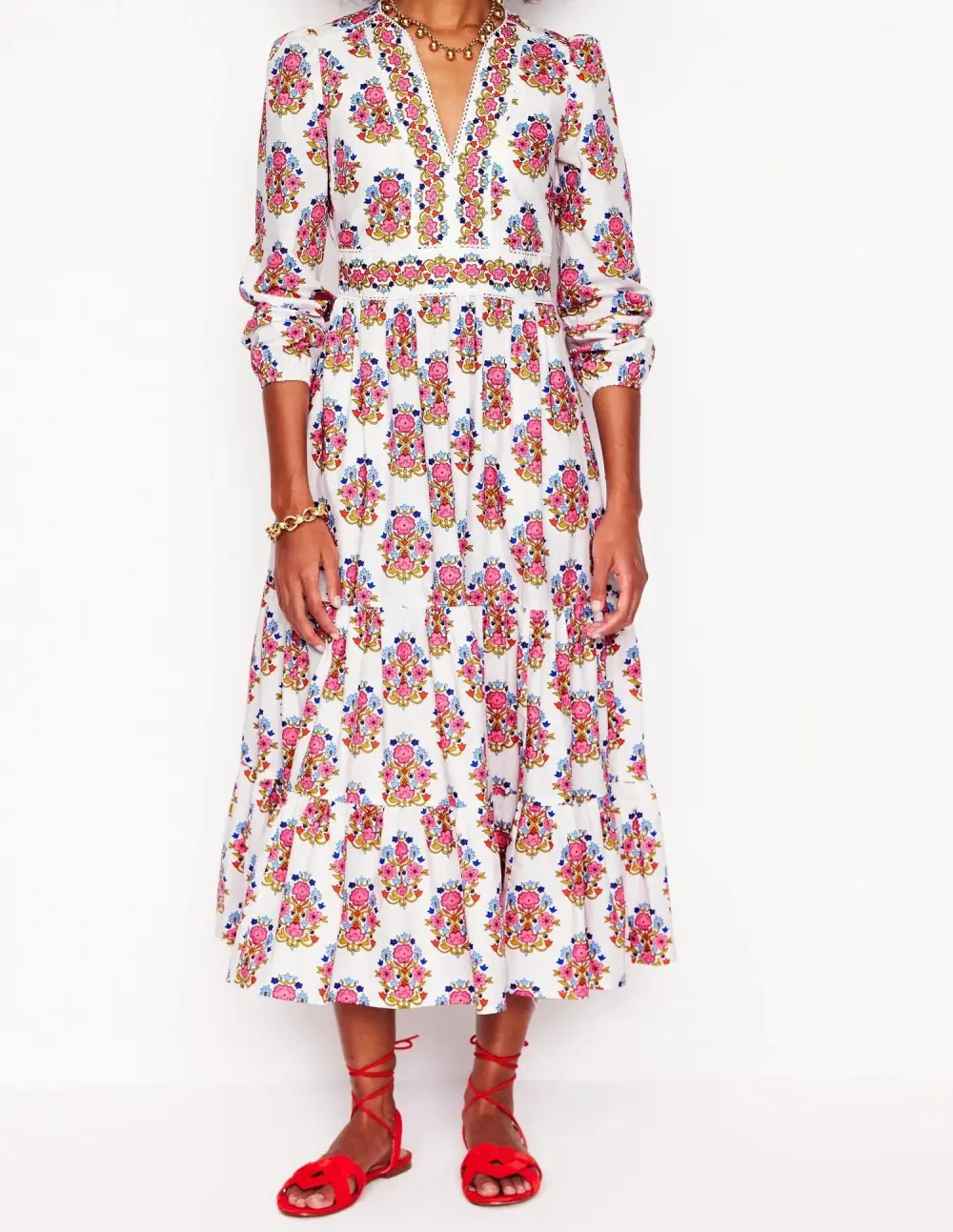 White and Pink Paisley - Print Cotton Midi Dress
