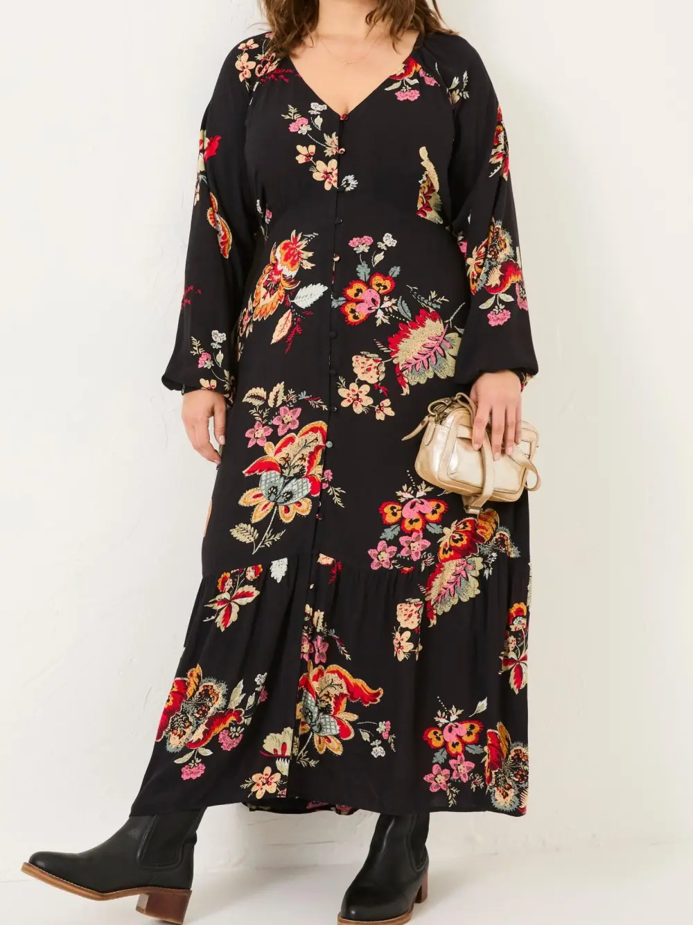 Black Floral Long Sleeve Midi Dress