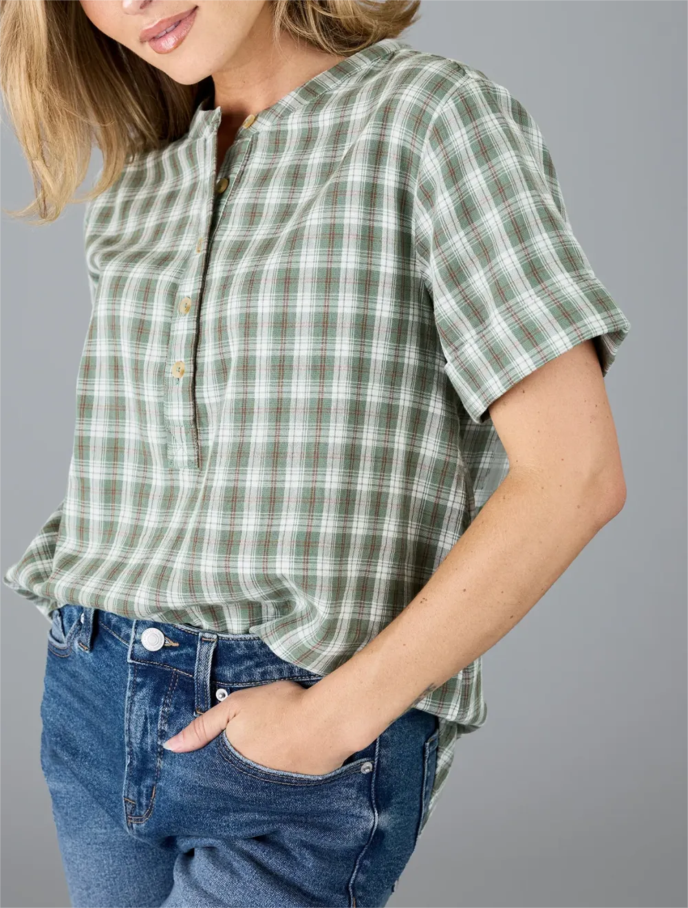 Green And White Checkered Henley Shirt