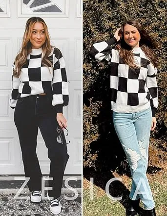 🎁Christmas Gifts🎁Fall Essential Warm Turtleneck Sweater - Plaid Ribbed Knit Loose Long Sleeve Pullover