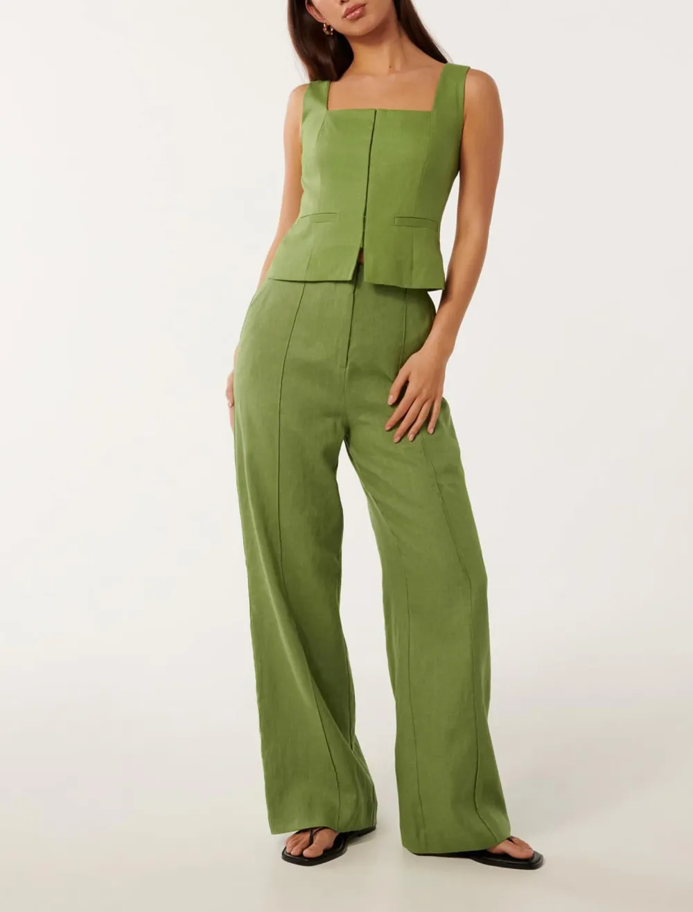 Green Linen Wide-Leg Pants