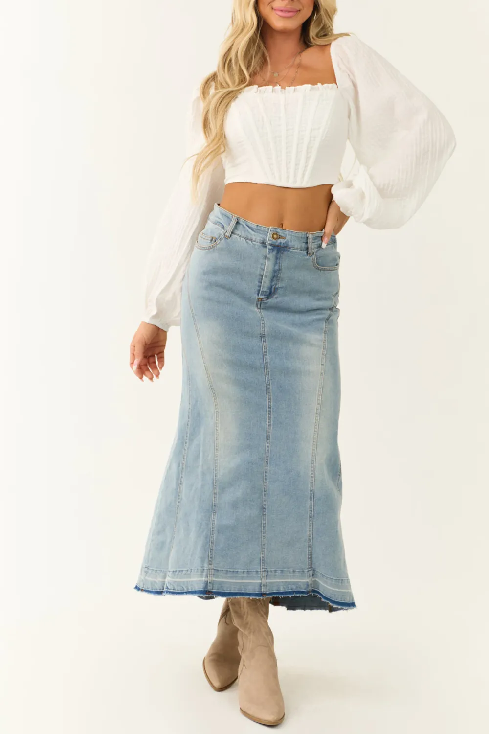 Medium Wash Denim High Low Maxi Skirt