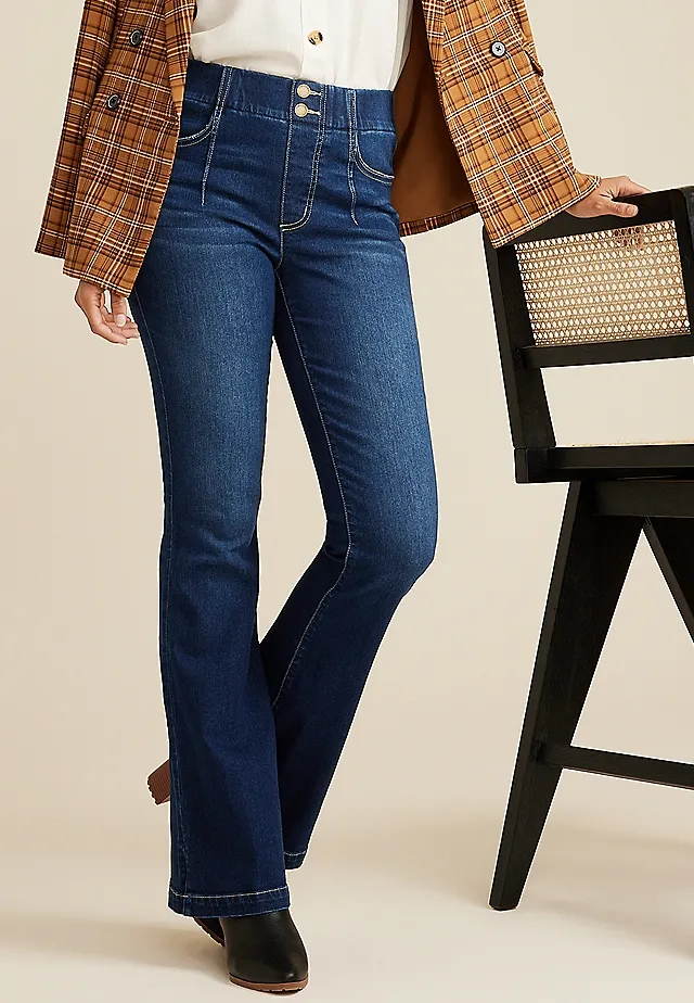 Dark High Rise Pull On Flare Jean