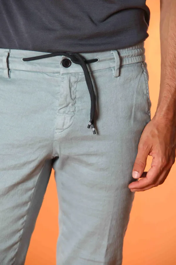 Men's Sky Blue Cotton and Linen Twill Elastic Waist Slim Fit Trousers
