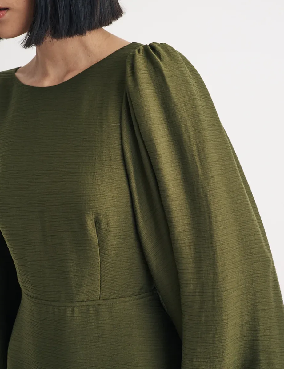 Olive Green Linen-blend Long Sleeve Shift Mini Dress