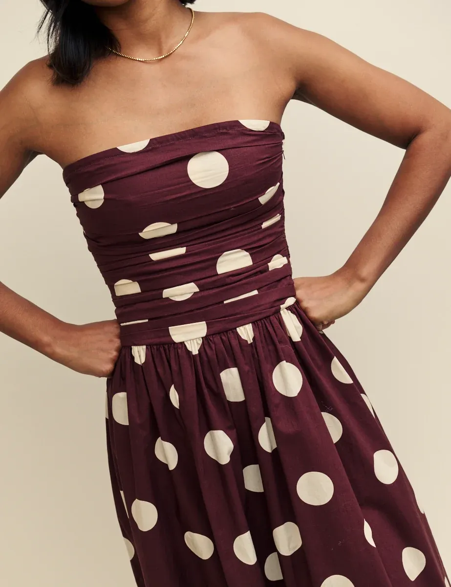 Brown Spot Print Bandeau Midi Dress