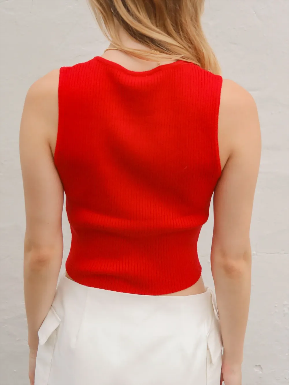 Red Sleeveless Lace Up Cropped Knit Top
