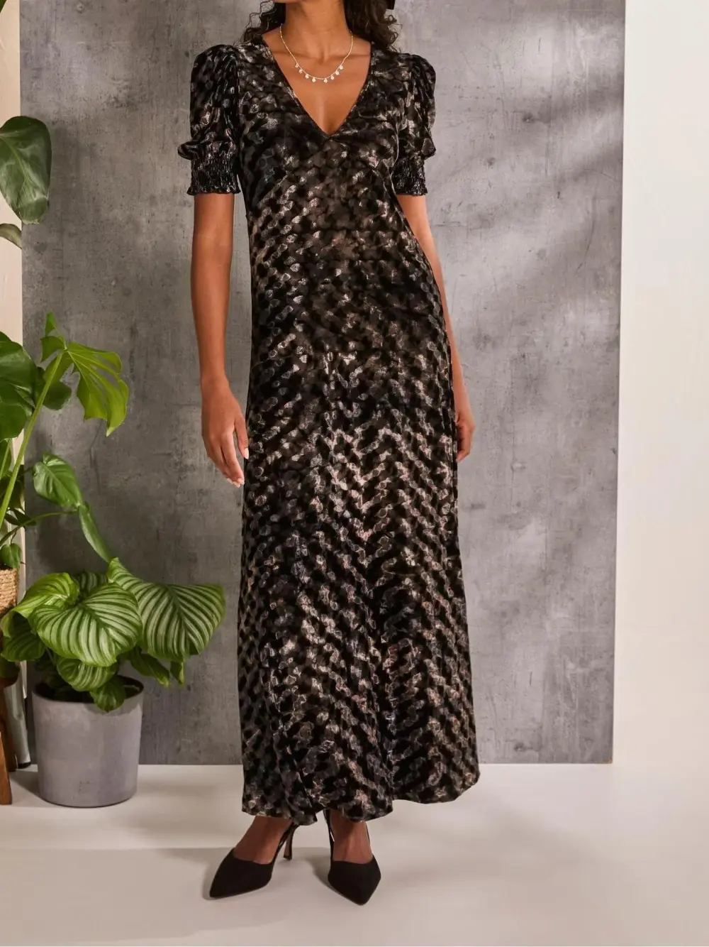 Black Hammered Velvet Midi Dress