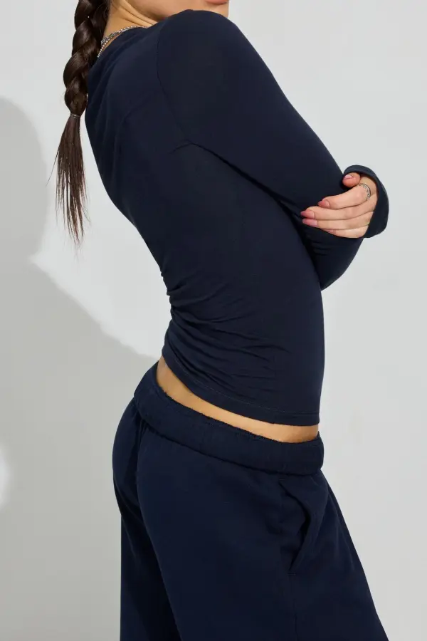 Navy Blue Long Sleeve Fitted Tee