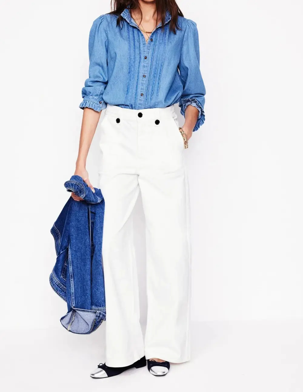 White Wide - Leg Linen Pants with Striped Detail