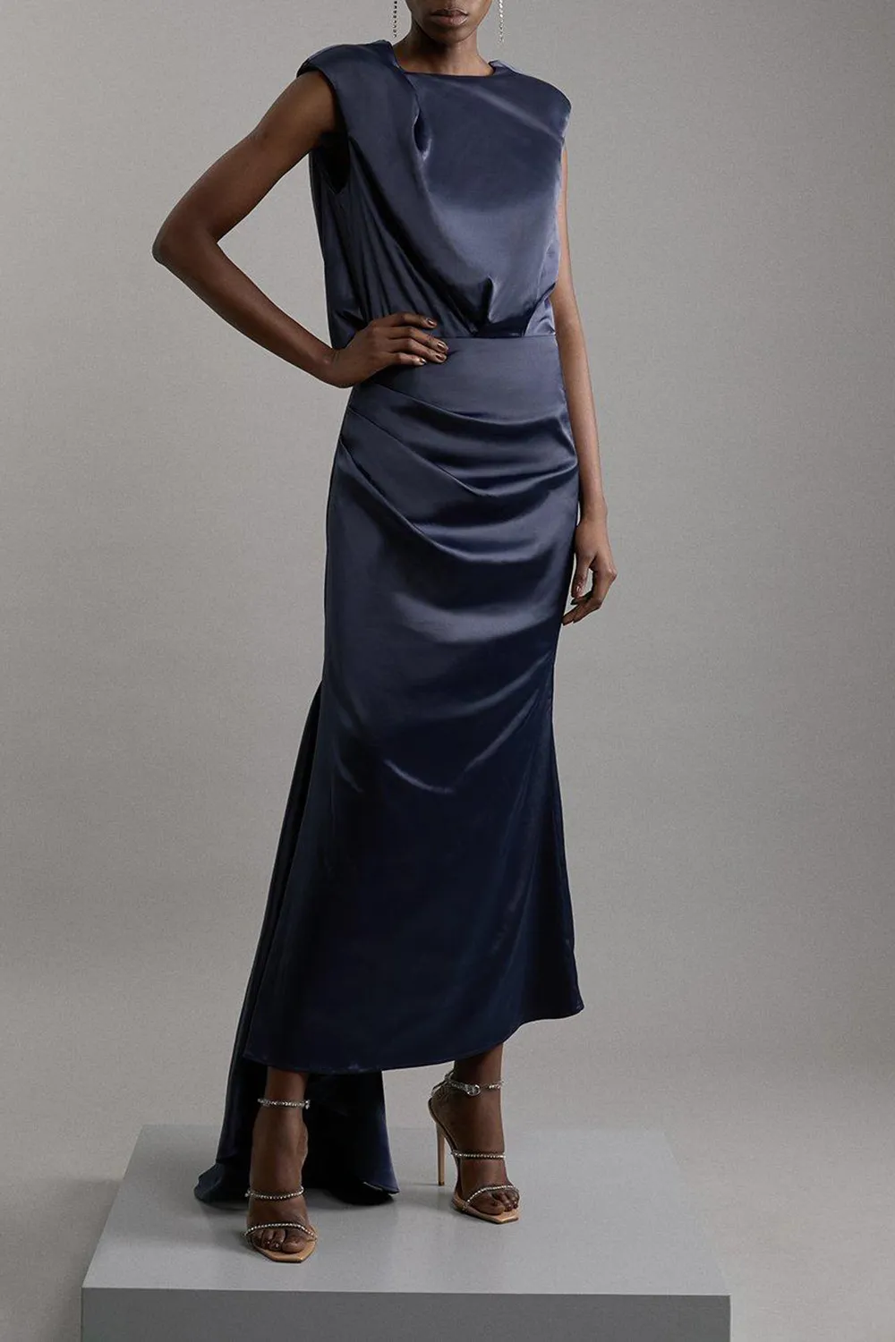 High Neck Sleeveless Satin Drape Woven Midaxi Dress