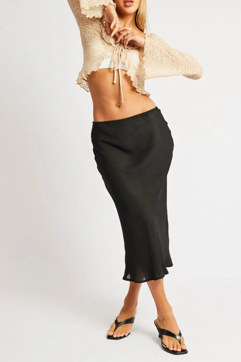 Beige Tie Front Frill Top Long Sleeve Lace