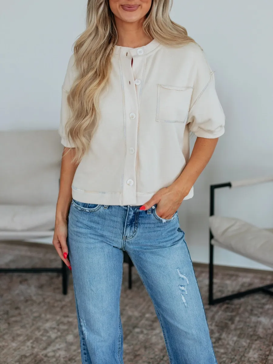 Pocketed Short Puff Sleeve Cardigan