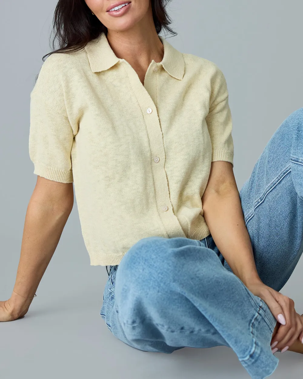 Short Sleeve Knit Button Up Top
