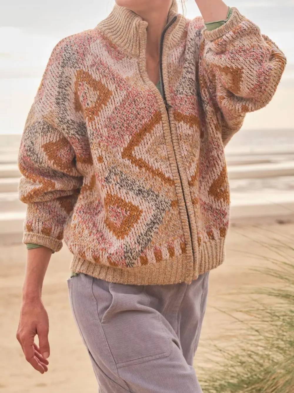 Natural Knitted Zip Through Cardigan