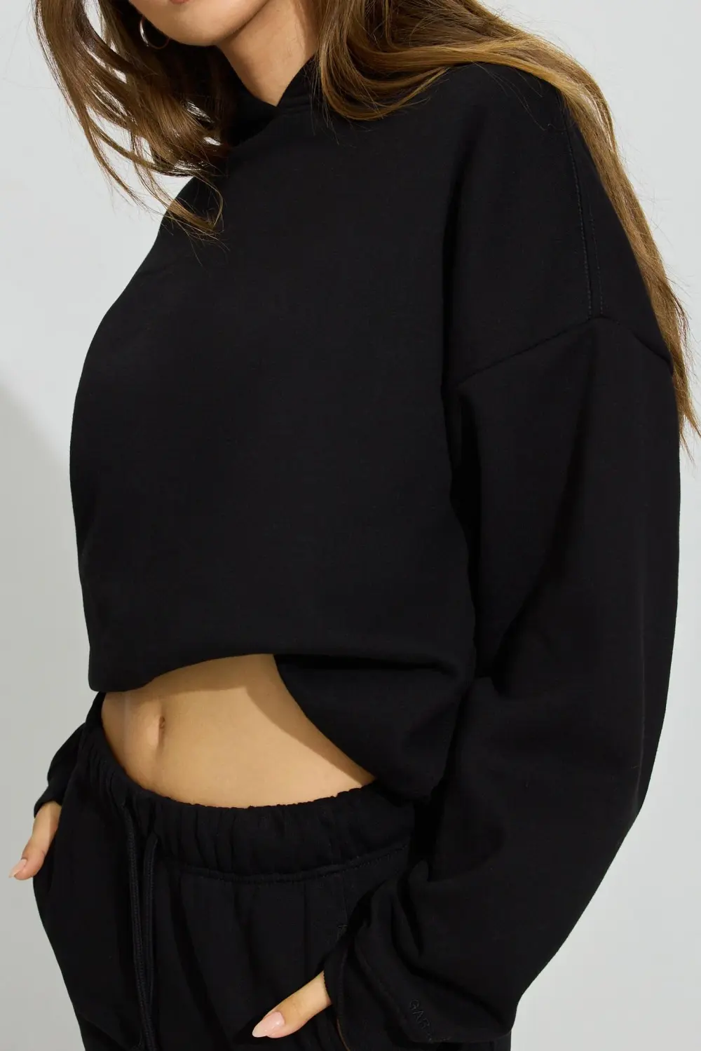 Black Cropped Hooded Sweatshirt