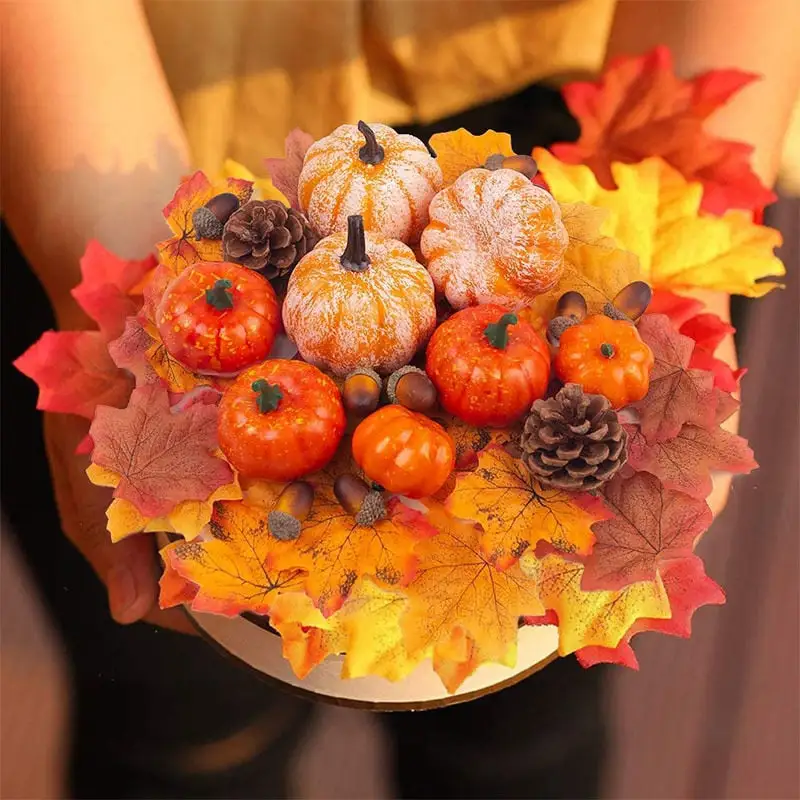 50pcs Simulation Pumpkin Golden Autumn Mini Pumpkin Set Halloween Pumpkin Thanksgiving Decoration Pumpkin Pine Cones Acorns Prop