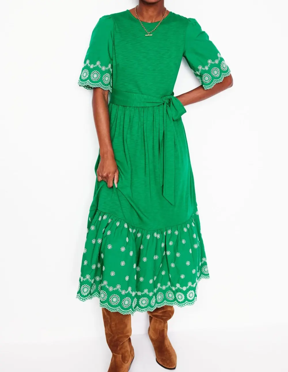 Emerald Green Embroidered - Hem Midi Dress