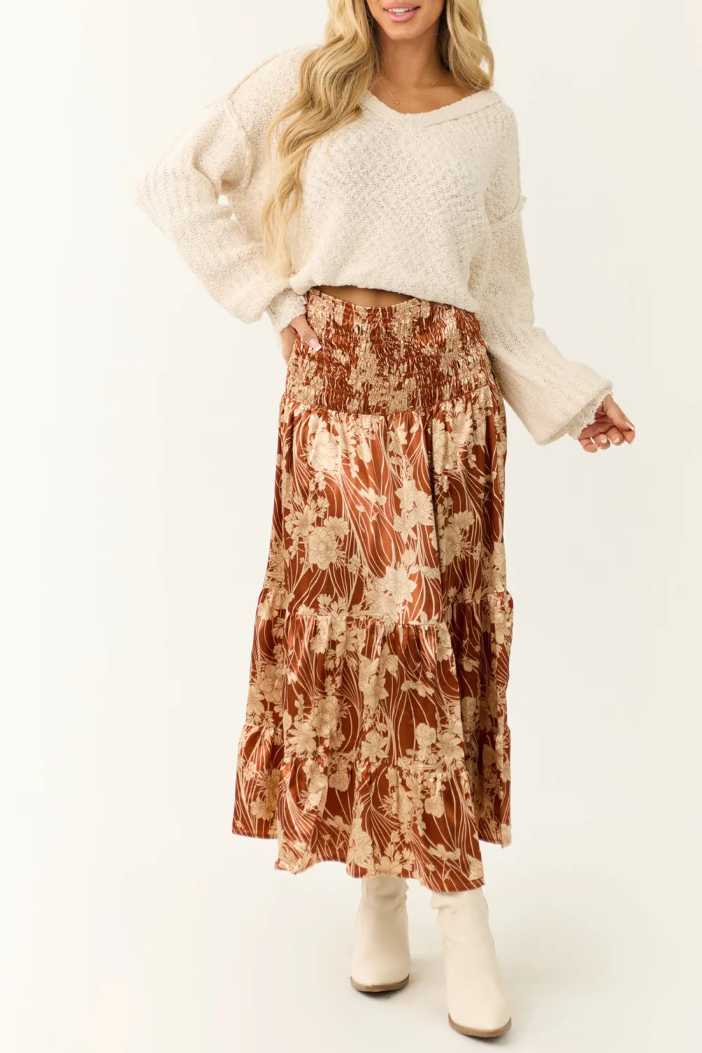 Burnt Orange Floral Print Satin Skirt