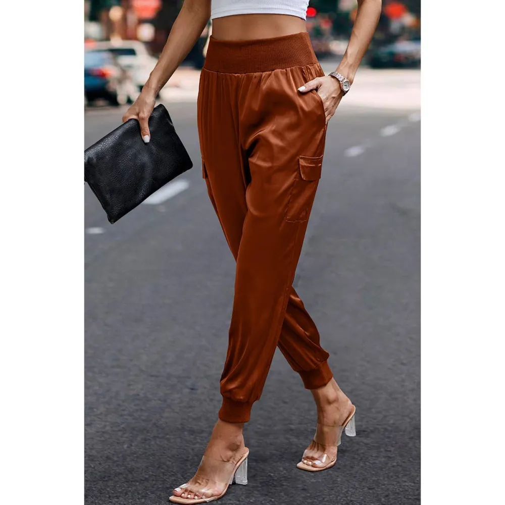 High-Waist Trousers with Pocket Satin Jogger Pants