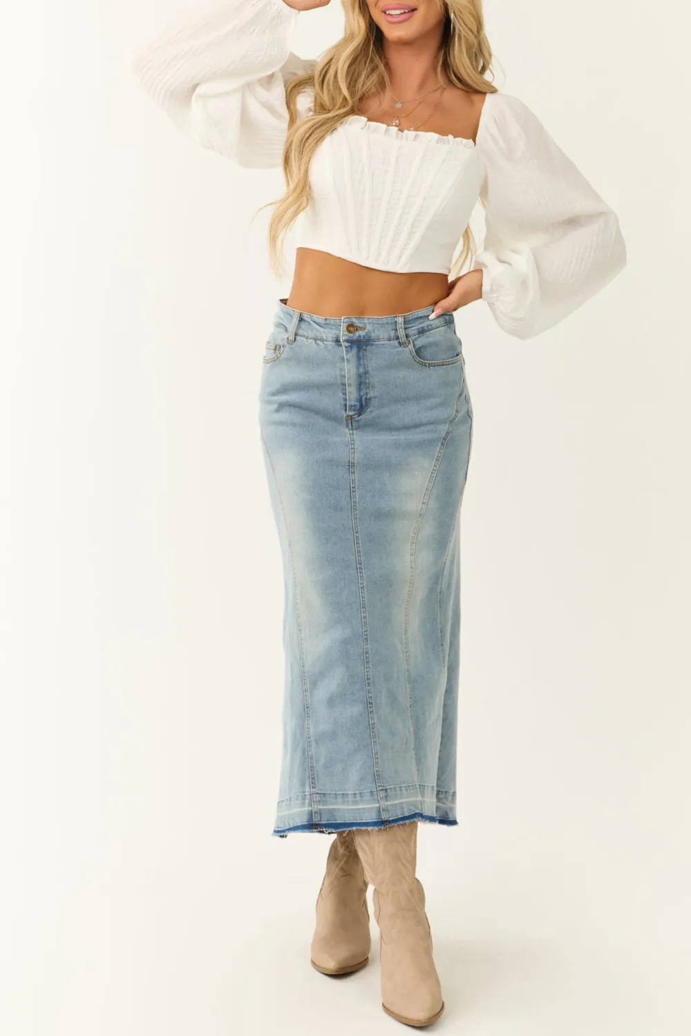 Medium Wash Denim High Low Maxi Skirt