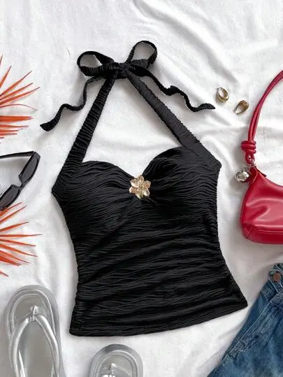 Floral Buckle Halter Tank Top