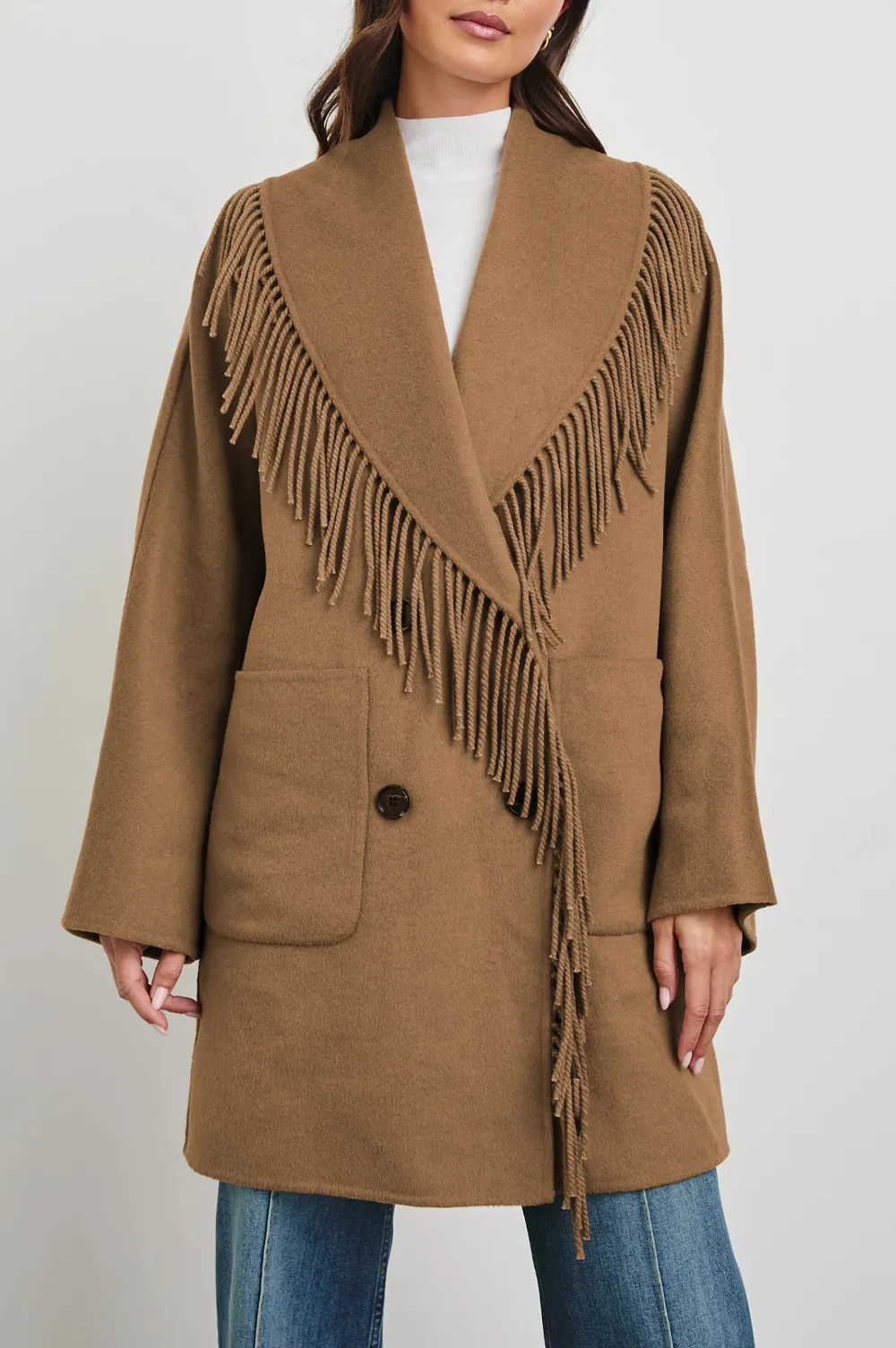 Wool Coat With Fringed Collar Design