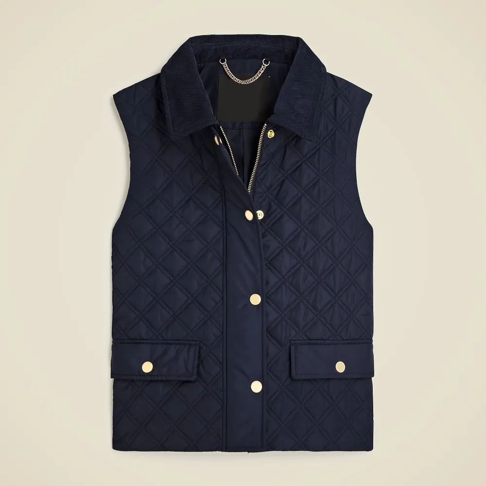 Corduroy-trim Quilted Vest In Green