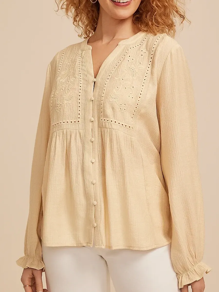 Eyelet Detail V-Neck Blouse