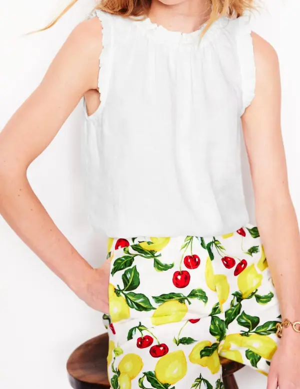 White Ruffled Linen Sleeveless Top
