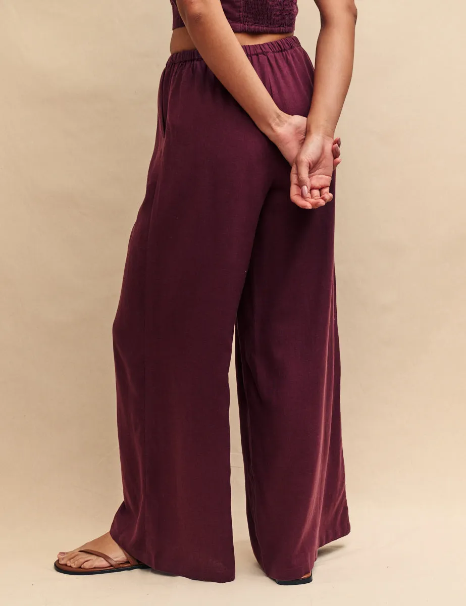 Plum Linen-blend Drawstring Trousers