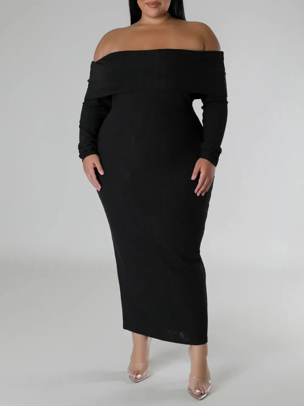 Long Sleeve Straight Neck Maxi Dress