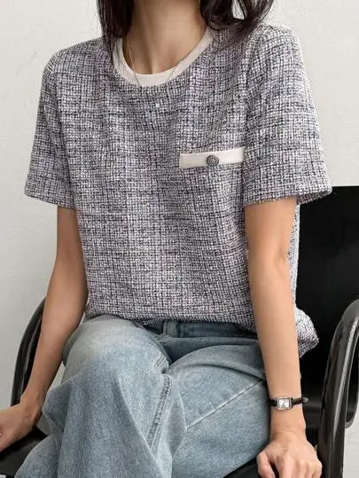 Patchwork Pocket Crew Neck Top