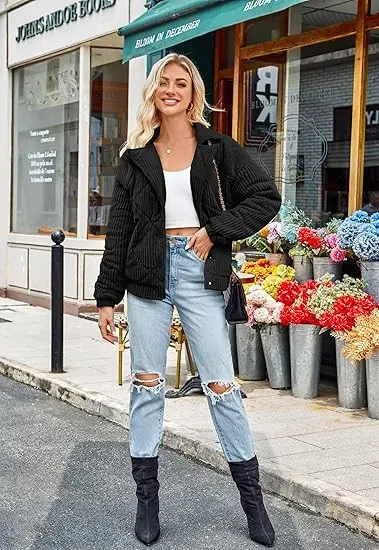 Women's Bomber Jacket Corduroy Ribbed Quilted Zip Up Long Sleeve Winter Coat