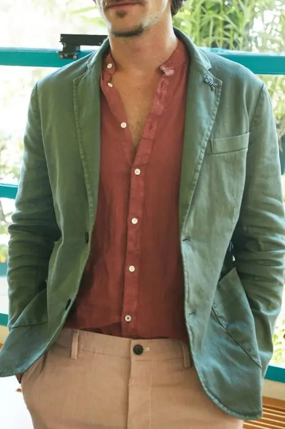 Green Men's Cotton and Linen Twill Suit Jacket