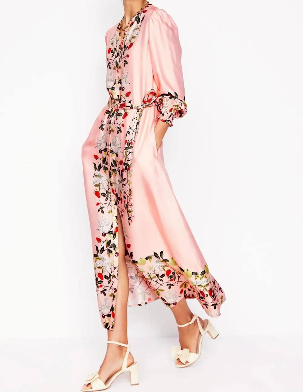 Pink Floral Collarless Shirt Dress