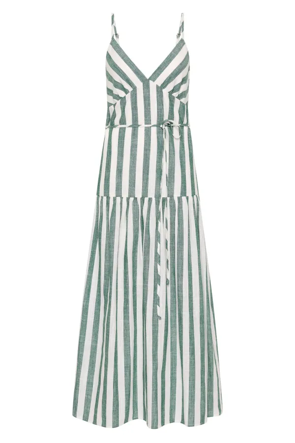 Classic Forest Green Stripes V-Neck Dress