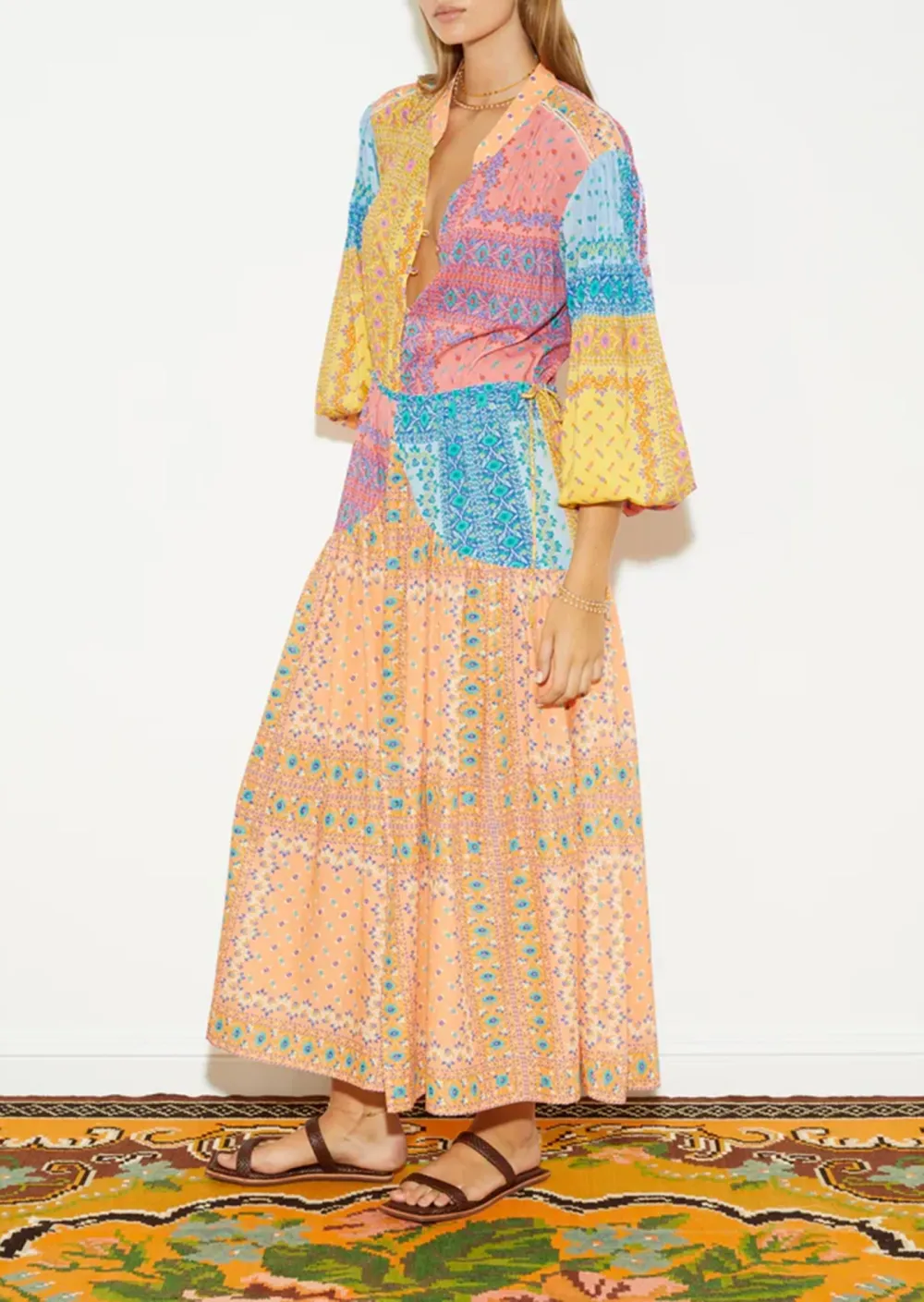 Patchwork Puff Seeve Maxi Smock Dress
