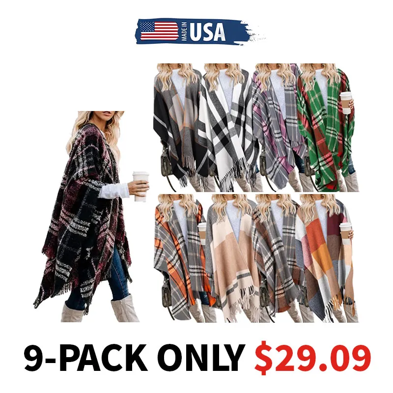 🎁Christmas Gifts🎁Women's Warm Plaid Poncho - Boho Open Front Shawl Wrap with Tassel