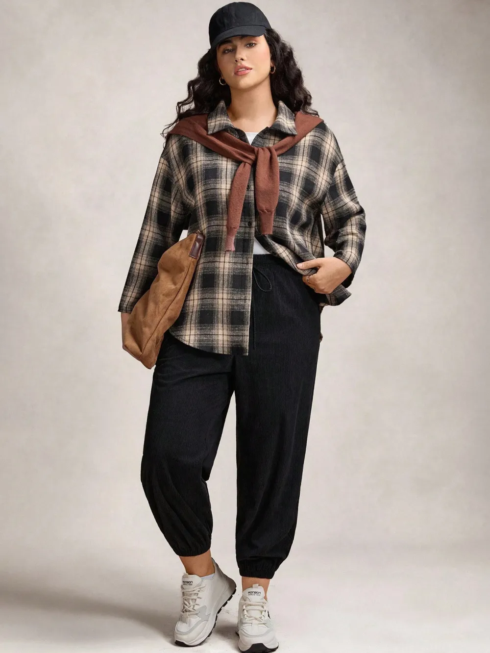 Women's Plus Size Fall-Winter Brown Drawstring Pants Suit