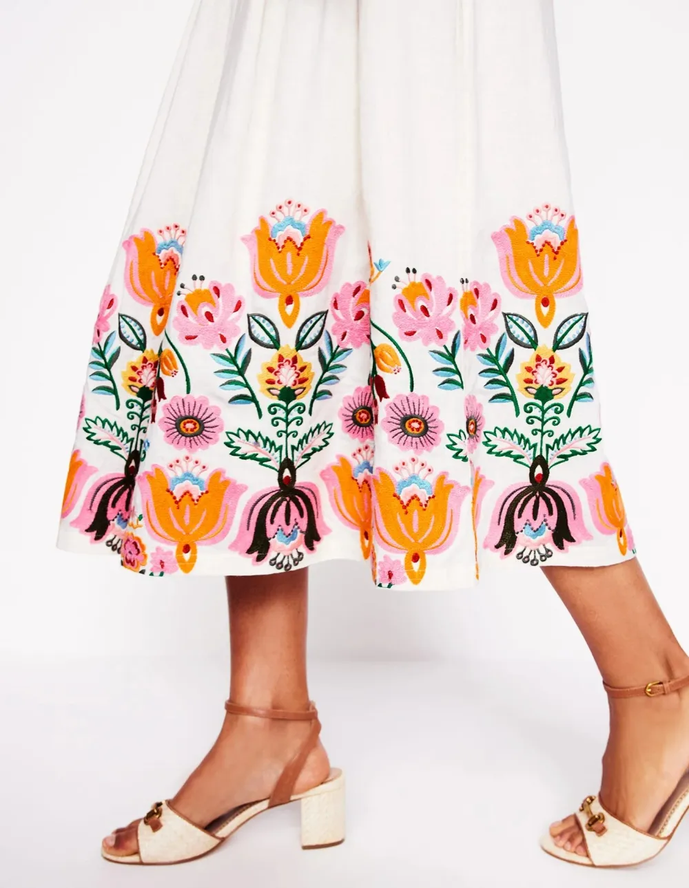 White Embroidered Verity Linen Midi Skirt