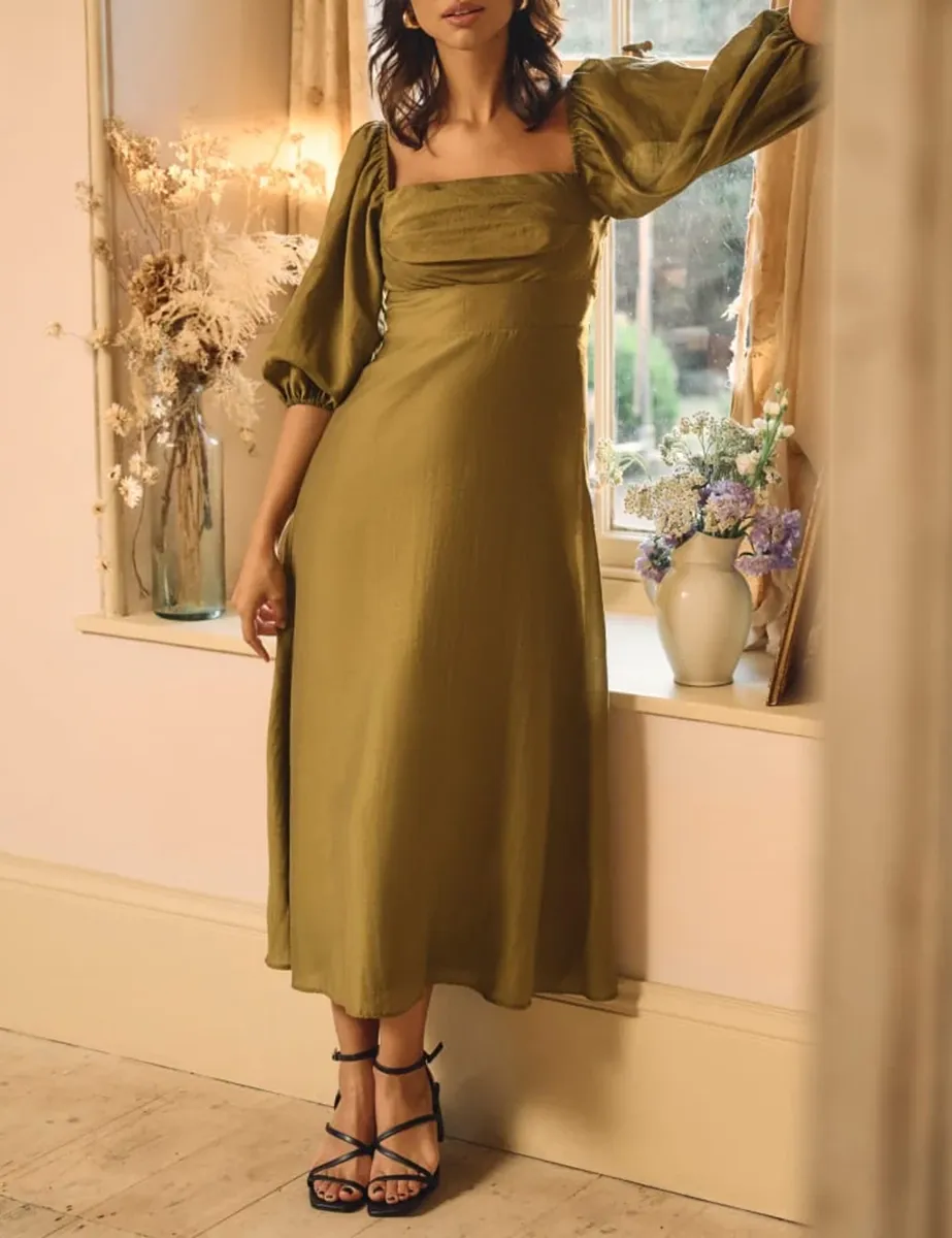 Olive Green Satin Puff Sleeve Maxi Dress