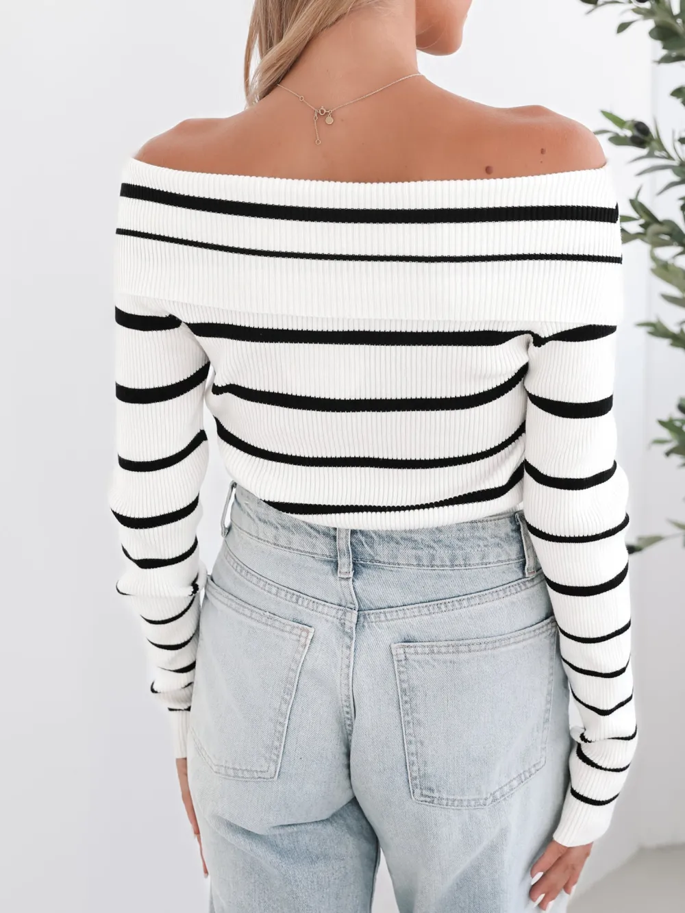 Off the Shoulder White Stripe Knit Top
