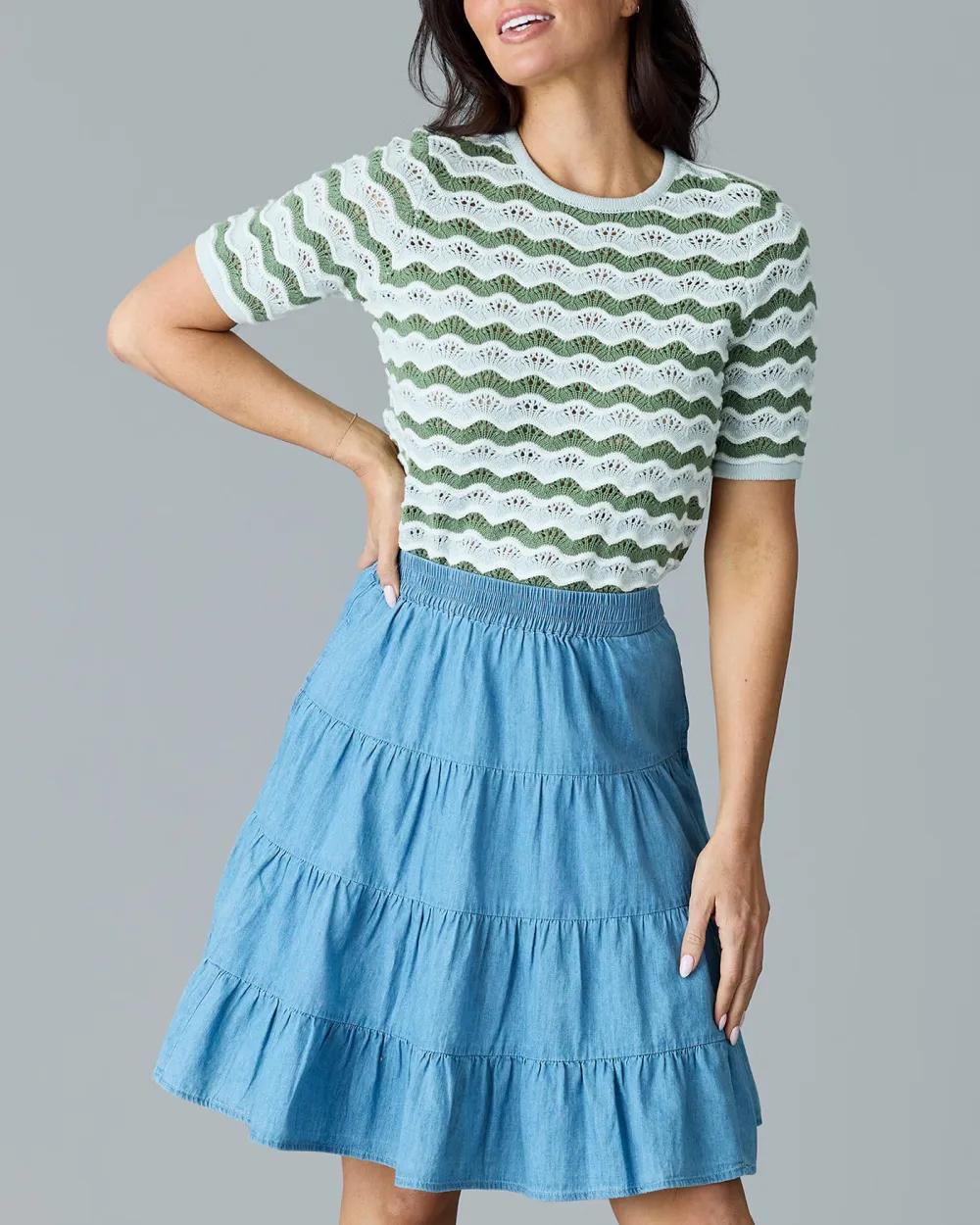 Light Blue Tiered Midi Skirt