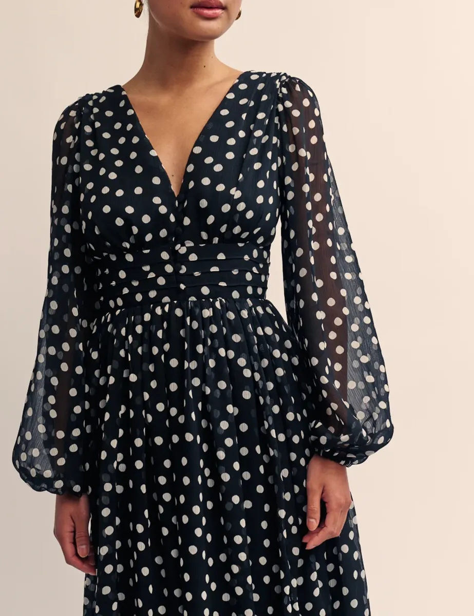 Polka Dot Puff Sleeve Midi Dress