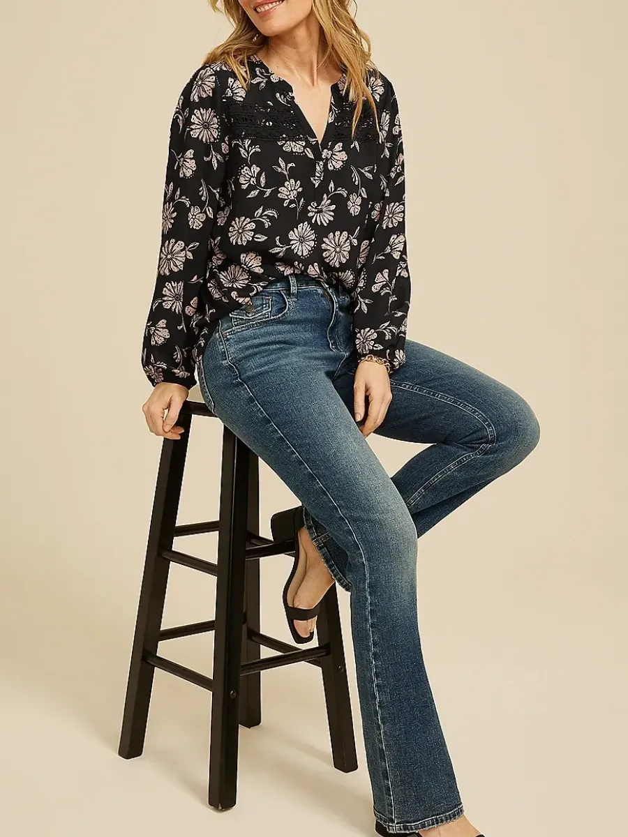 Flower Print Notched Blouse